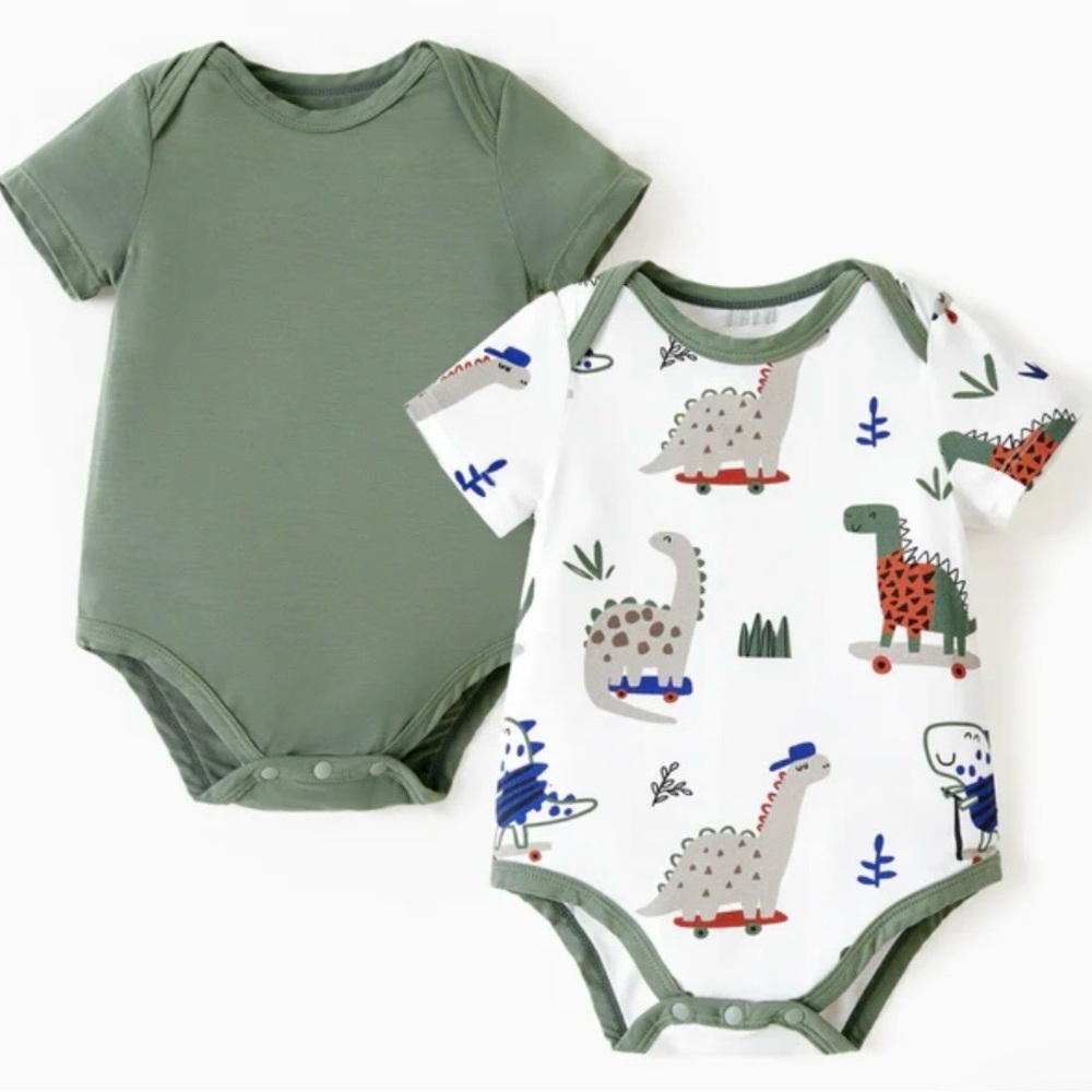 2 Sets of 2 PatPat Green and Dinosaur Print Bamboo Bodysuits